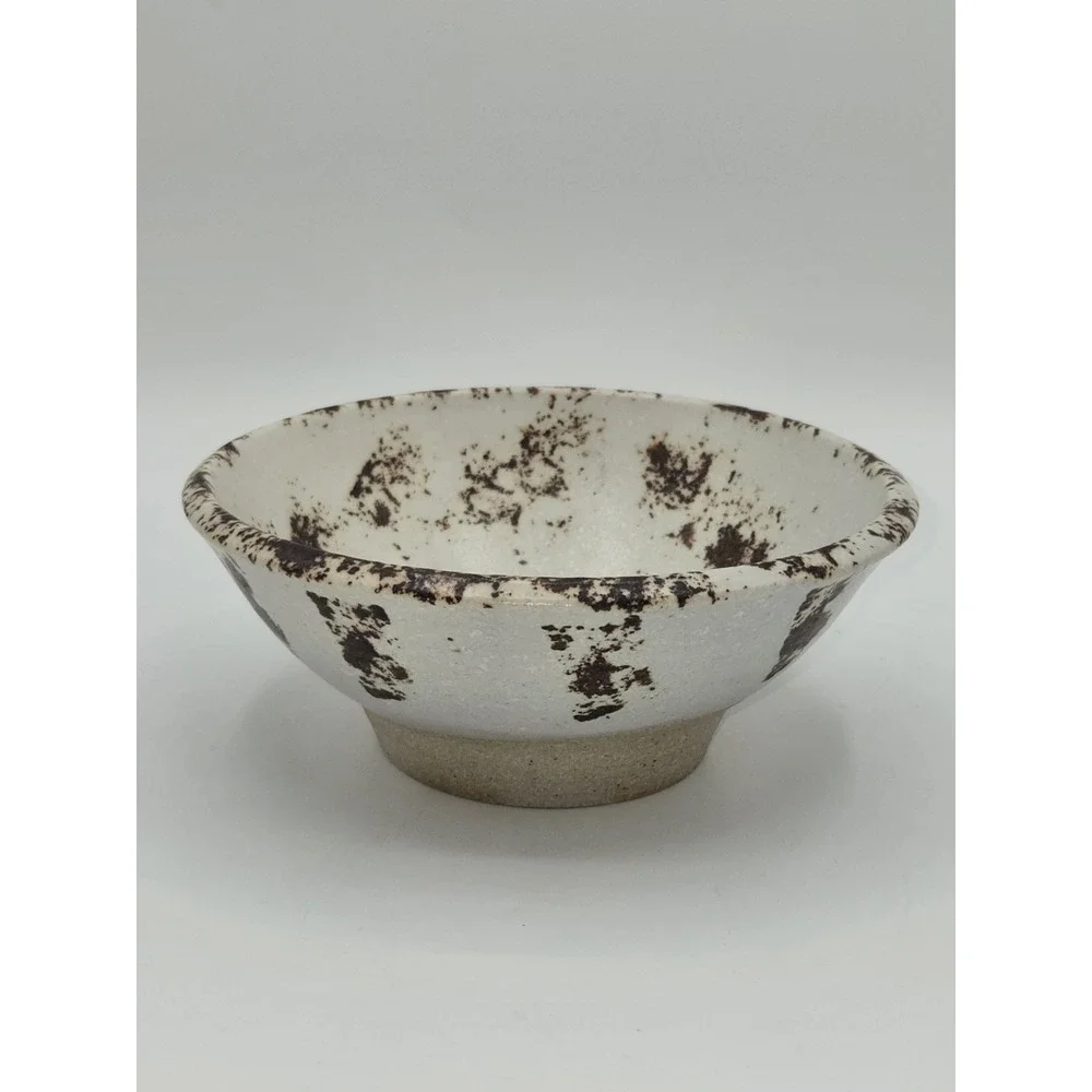 Vintage Studio Pottery Tea Bowl White Speckled Glaze Brown Splatter Signed Boots